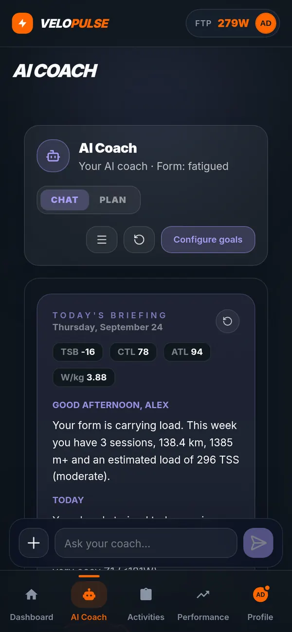 VeloPulse AI coach showing today’s briefing with TSB, CTL and ATL